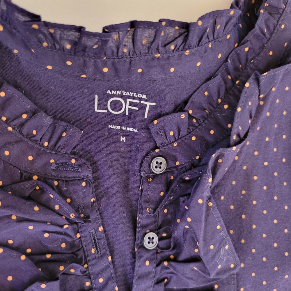 LOFT Navy Poka Dot Ruffle Neck LS Top, Size M, NWOT - Picture 4 of 11